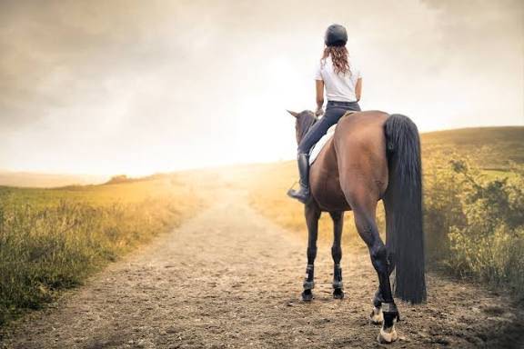 Donna bionda accanto a un cavallo marrone con sella, mentre lo accarezza in un maneggio all’aperto.